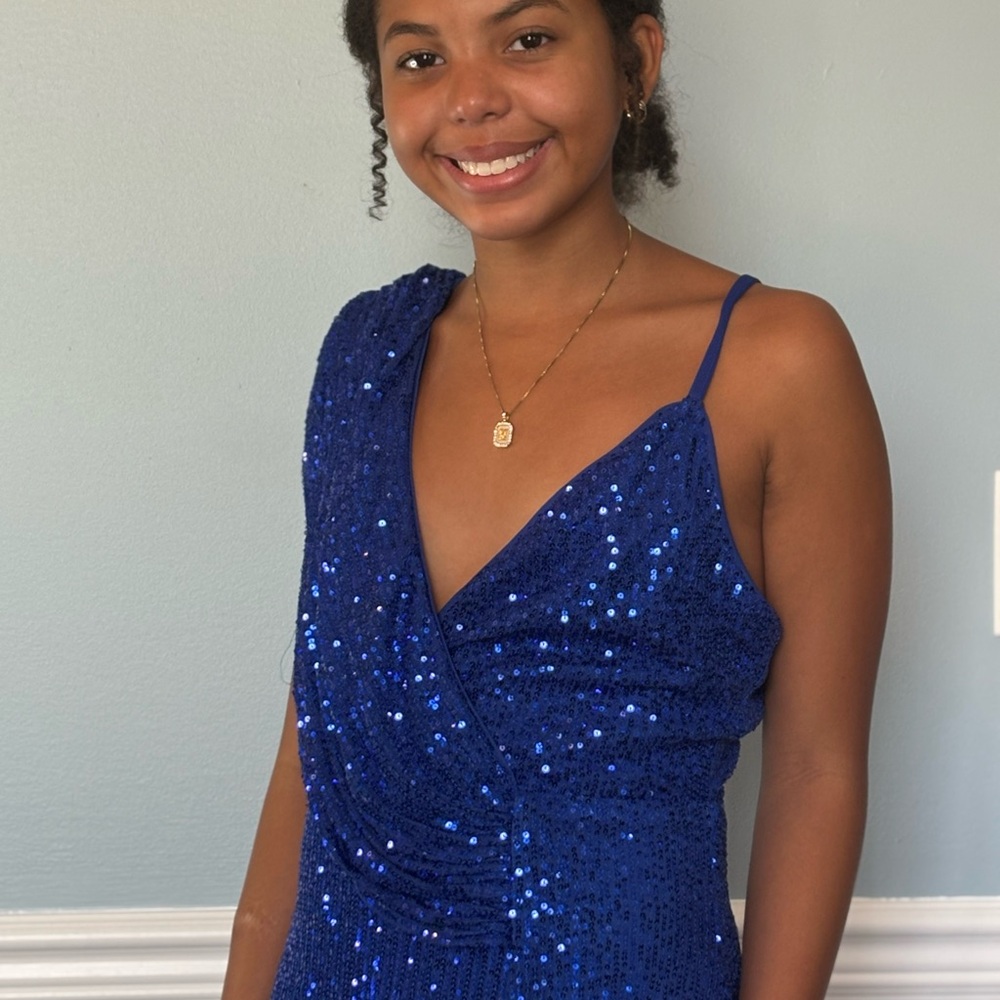 Dazzling One Shoulder Blue Sequin Dress